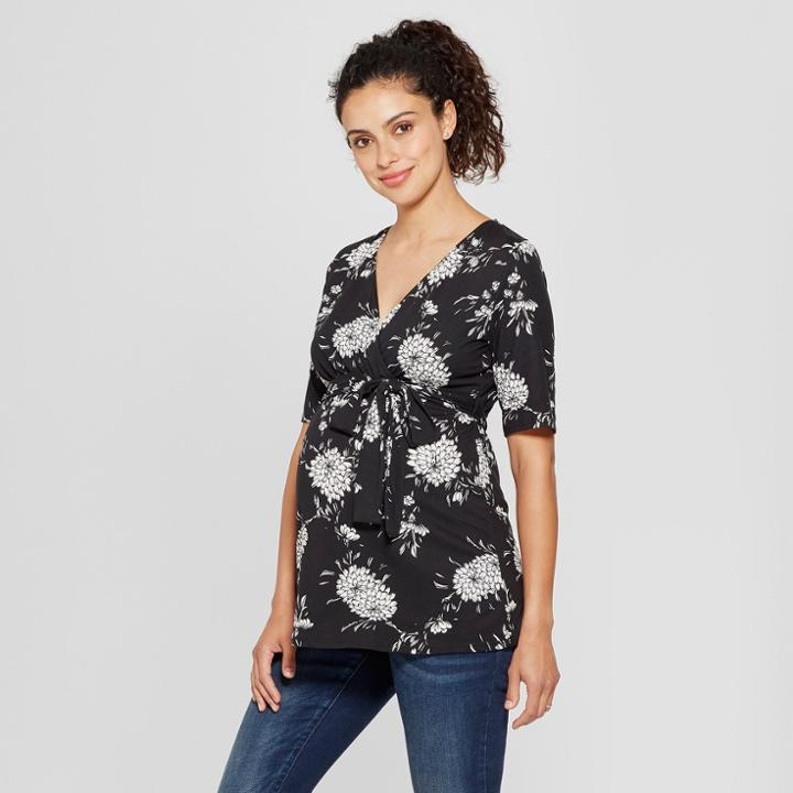 Macherie Maternity Floral Elbow Sleeve V-neck Printed Top - Ma Cherie Black