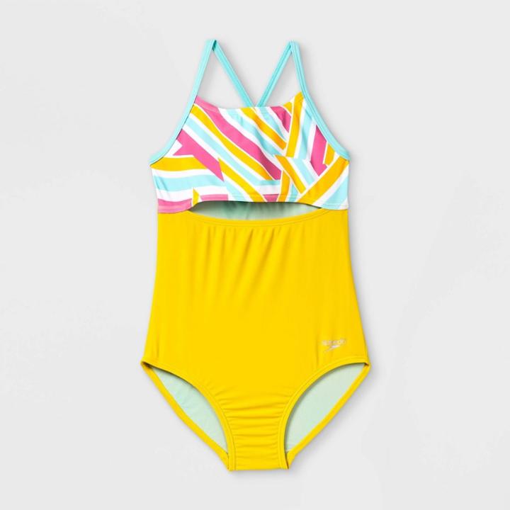 Speedo Girls' Striped One Piece Swimsuit - Yellow