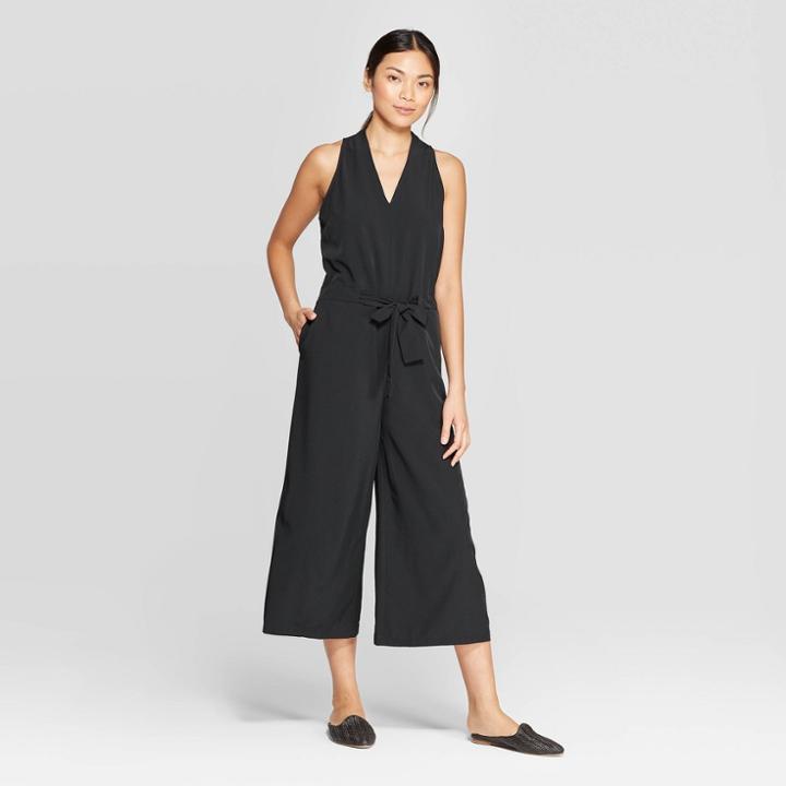 Women's Sleeveless V-neck Faux Halter Tie Wide Leg Jumpsuit - Prologue Black