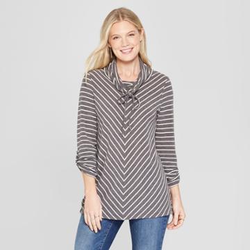 Women's 3/4 Sleeve Cowl Neck Striped Tunic - Jillian Nicole - Gray M, Gray Off-white