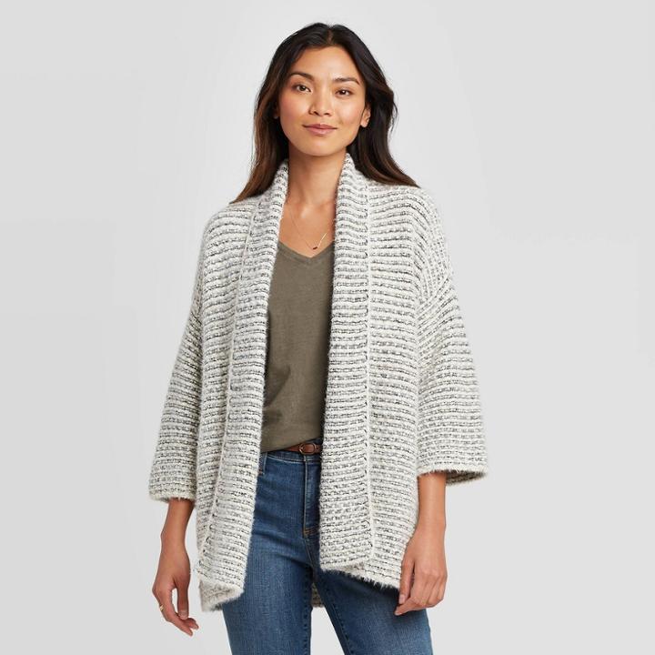 Women's Striped Long Sleeve Open Cardigan - Knox Rose White