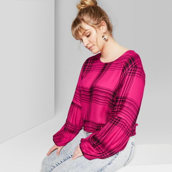 Women's Plus Size Long Sleeve Tie Back Plaid Top - Wild Fable Bright Pink