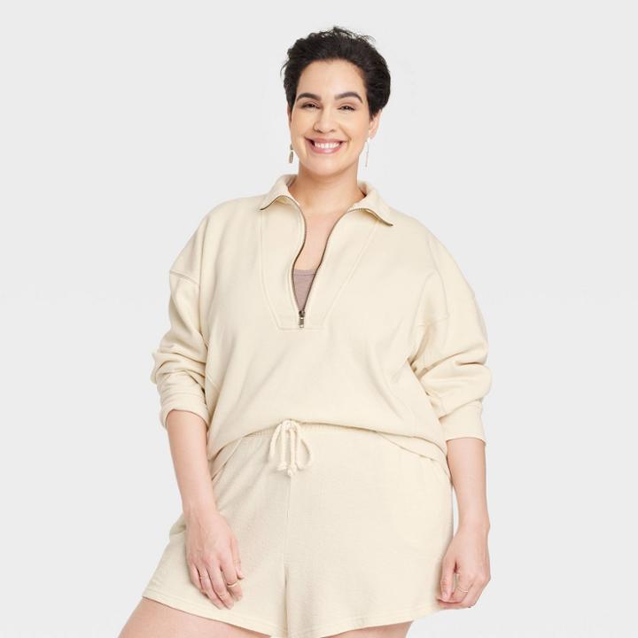 Women's Plus Size French Terry Quarter Zip Sweatshirt - Universal Thread Cream