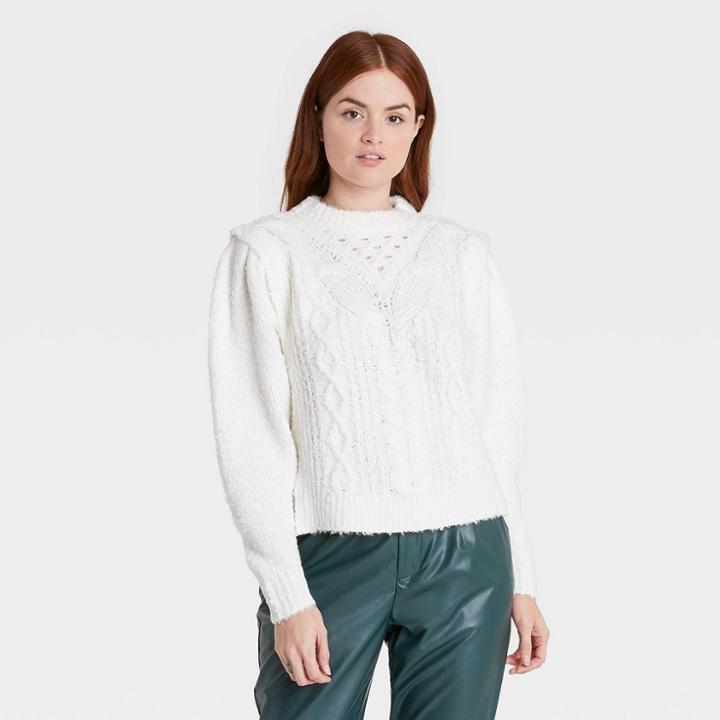 Women's Crewneck Boucle Cable Pullover Sweater - Prologue White