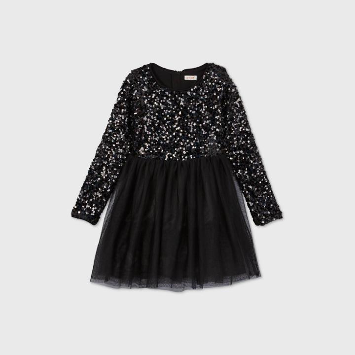 Girls' Long Sleeve Sequin Tulle Dress - Cat & Jack Black