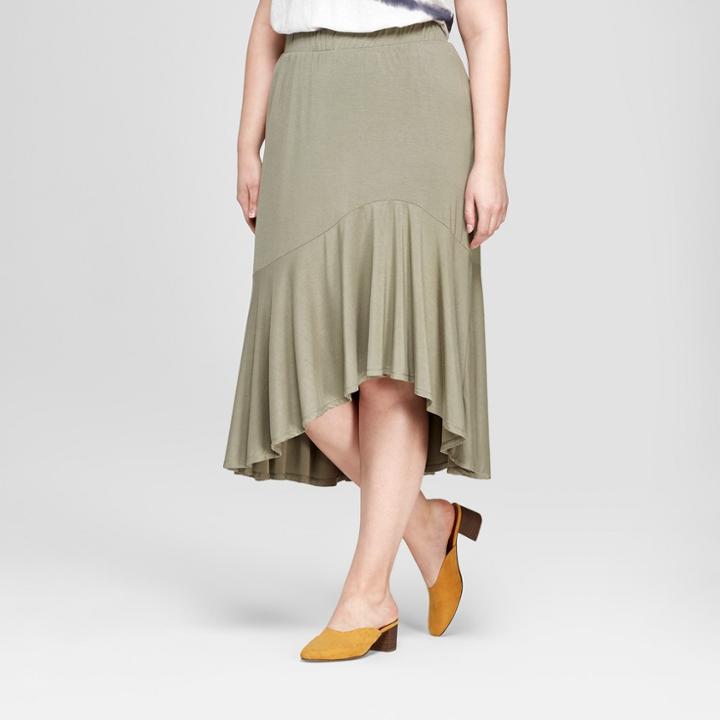 Women's Plus Size Ruffle Hem High Low Skirt - Ava & Viv Green