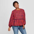 Women's Plus Size Plaid Long Sleeve Flannel Peplum Blouse - Universal Thread Red X