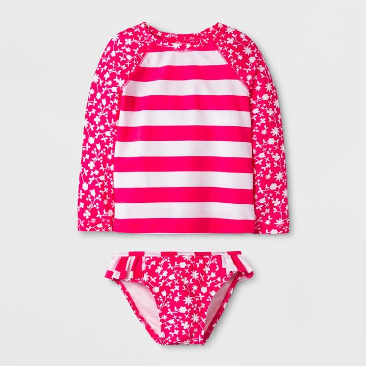 Toddler Girls' Long Sleeve Floral Stripe Rash Guard Set - Cat & Jack Pink