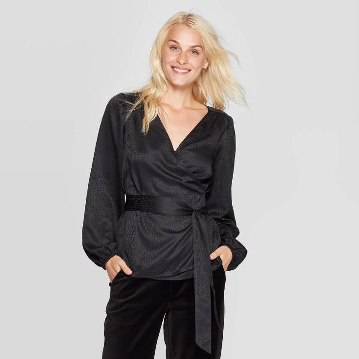 Women's Jacquard Regular Fit Long Sleeve V-neck Wrap Top - A New Day Black