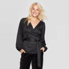 Women's Jacquard Regular Fit Long Sleeve V-neck Wrap Top - A New Day Black