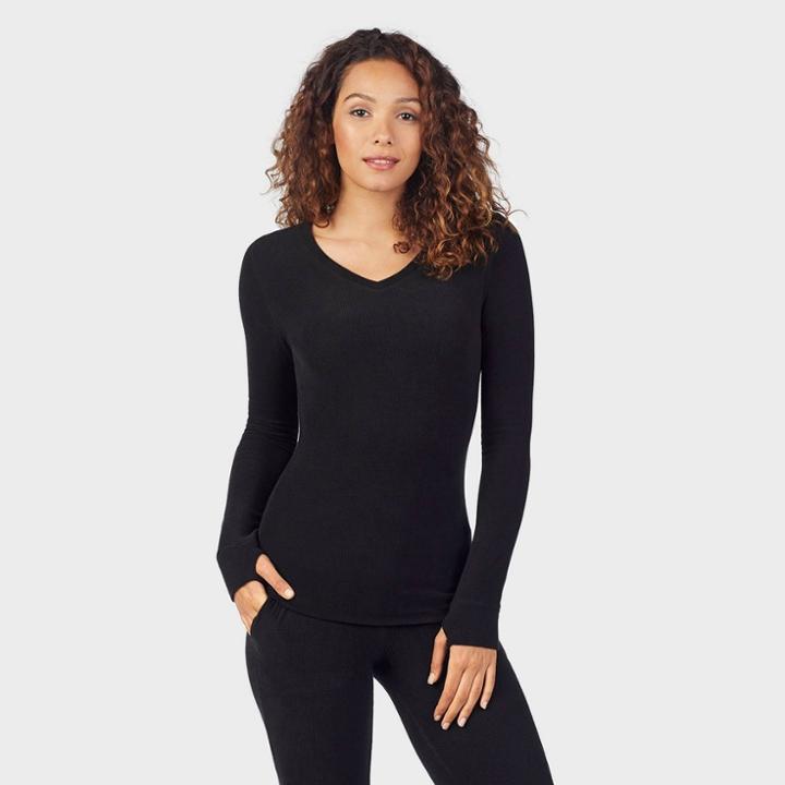 Warm Essentials By Cuddl Duds Women's Textured Fleece Thermal V-neck Top - Black