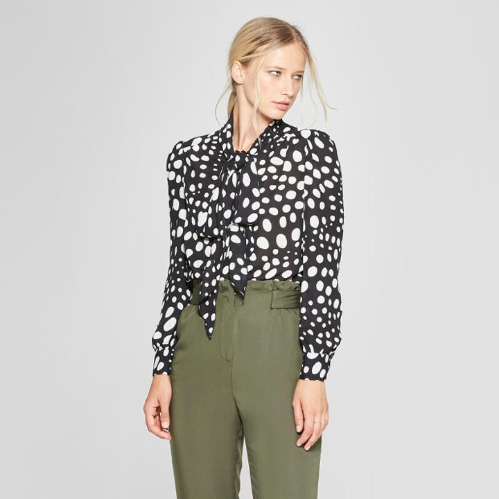 Women's Polka Dot Long Sleeve Exaggerated Tie Neck Blouse - Who What Wear Black/white L, Black/white Polka Dot