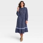 Women's Leaf Print Balloon Long Sleeve Ruffle Dress - Universal Thread Navy