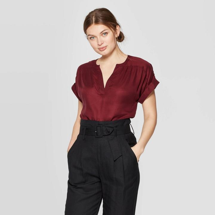 Target Women's Casual Fit Short Sleeve Split Neck Woven Popover Top - A New Day Burgundy (red)