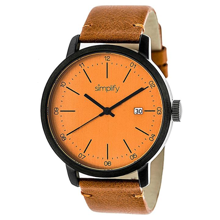 Simplify The 2500 Men's Leather Strap Watch - Gunmetal/orange