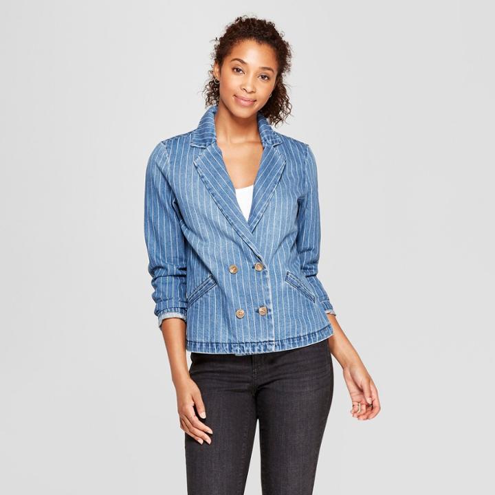 Women's Striped Denim Blazer - Universal Thread Blue