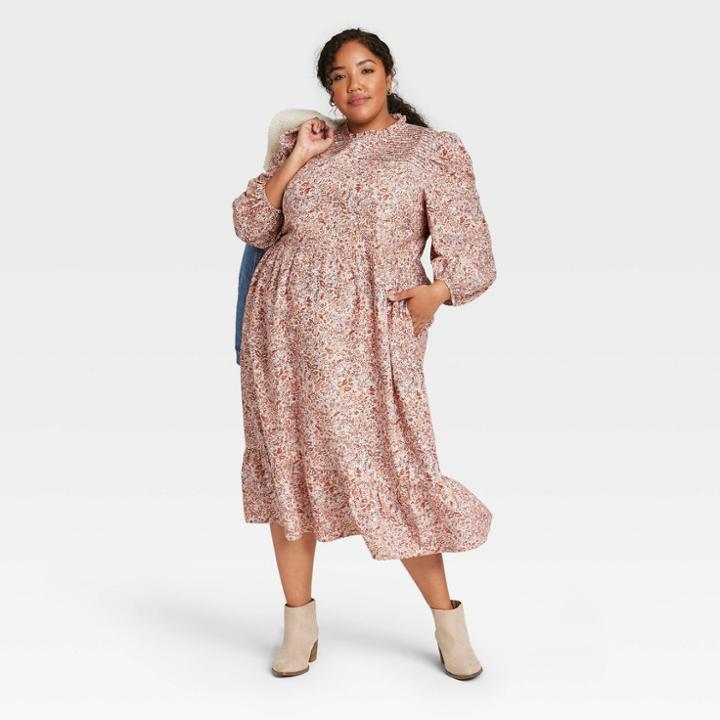 Women's Plus Size Floral Print Long Sleeve Dress - Universal Thread Pink