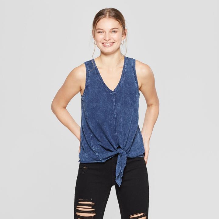 Women's V-neck Tie Front Tank - Universal Thread Indigo (blue)