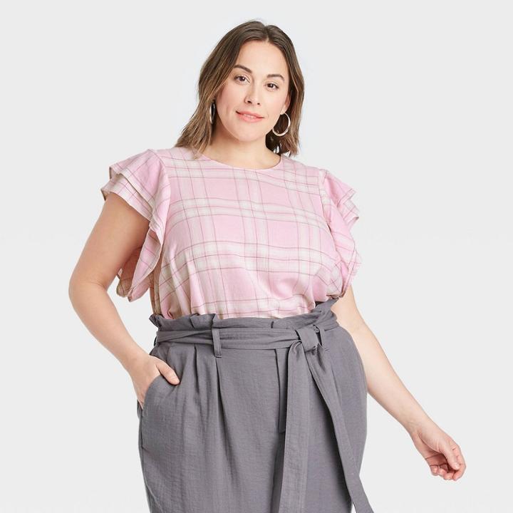 Women's Plus Size Plaid Ruffle Short Sleeve Linen Top - A New Day Pink