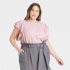 Women's Plus Size Plaid Ruffle Short Sleeve Linen Top - A New Day Pink