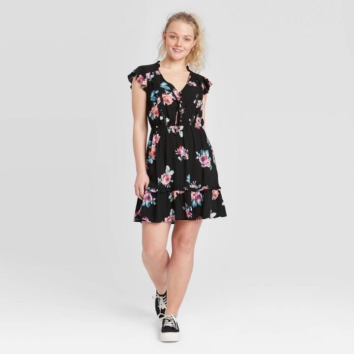 Women's Floral Print Flutter Short Sleeve Button-front Ruffle Bottom Dress - Xhilaration Black