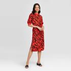 Women's Floral Print Short Sleeve High Neck A-line Midi Dress - Who What Wear Red