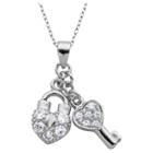 Prime Art & Jewel Sterling Silver Cz Heart And Key Pendant With 18 Chain, Girl's, Clear