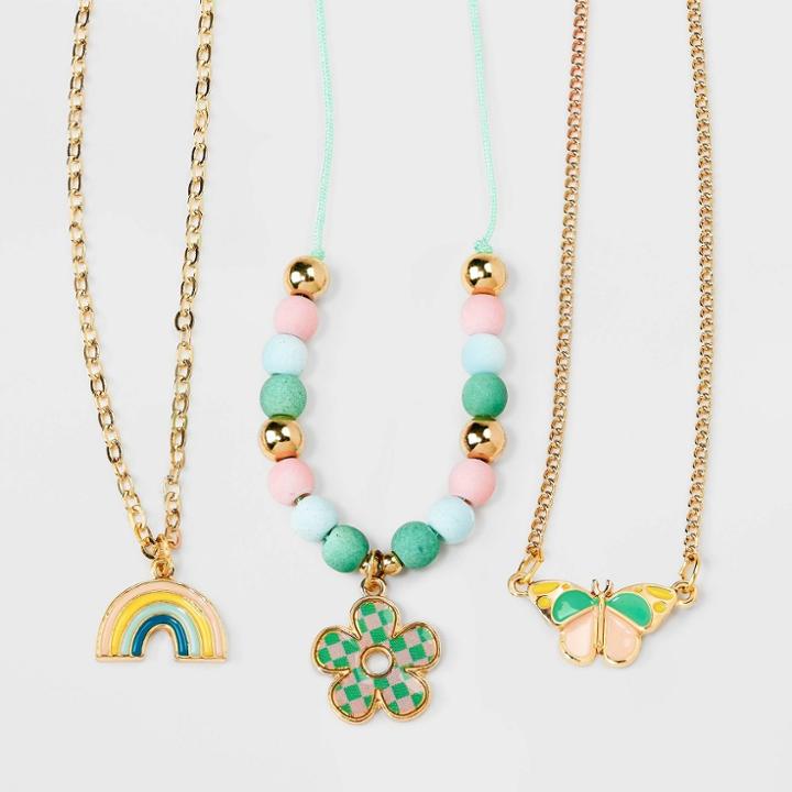 Girls' 3pk Layered Necklace Set With Butterfly And Rainbow Charms - Cat & Jack