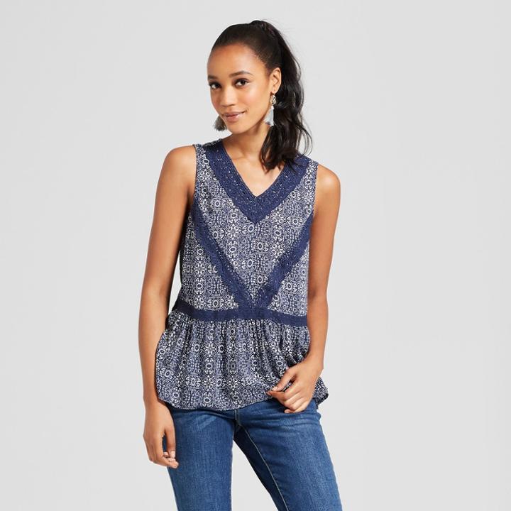 Women's Floral Print Lace Trim Printed Tank - Knox Rose Navy