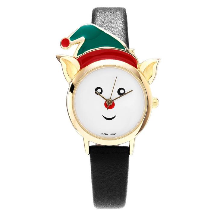 Women's Geneva Platinum Elf Face Leather Strap Watch - Black