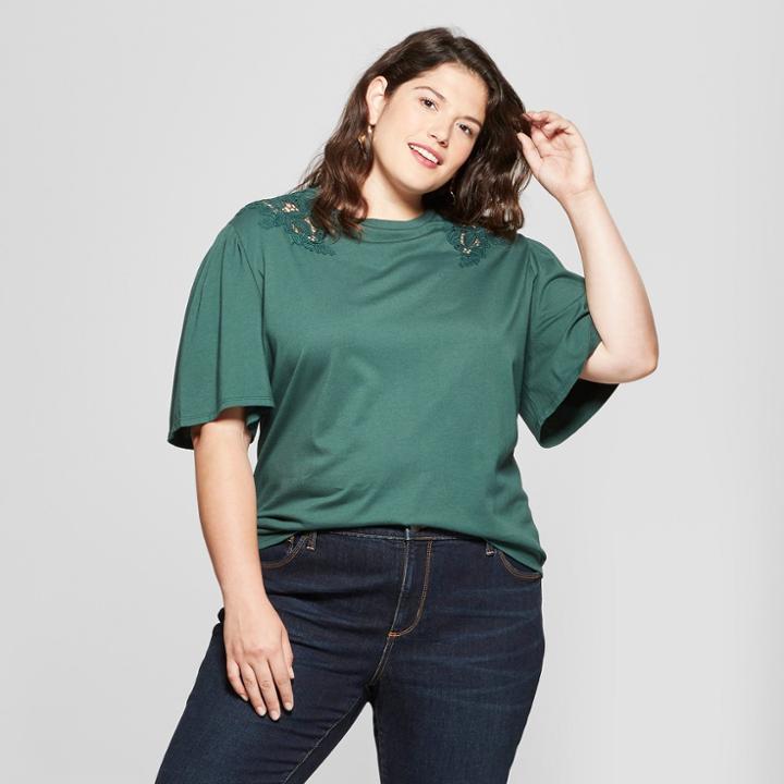 Women's Plus Size Short Sleeve T-shirt With Crochet Detail - Ava & Viv Green X