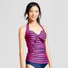 Women's Shirred Halter Tankini Top - Magenta/navy Stripe - L - Merona,