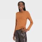 Women's Long Sleeve Side Ruched T-shirt - A New Day Brown