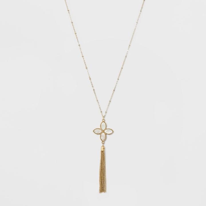 Mother Of Pearl Flower Long Necklace - A New Day White/gold