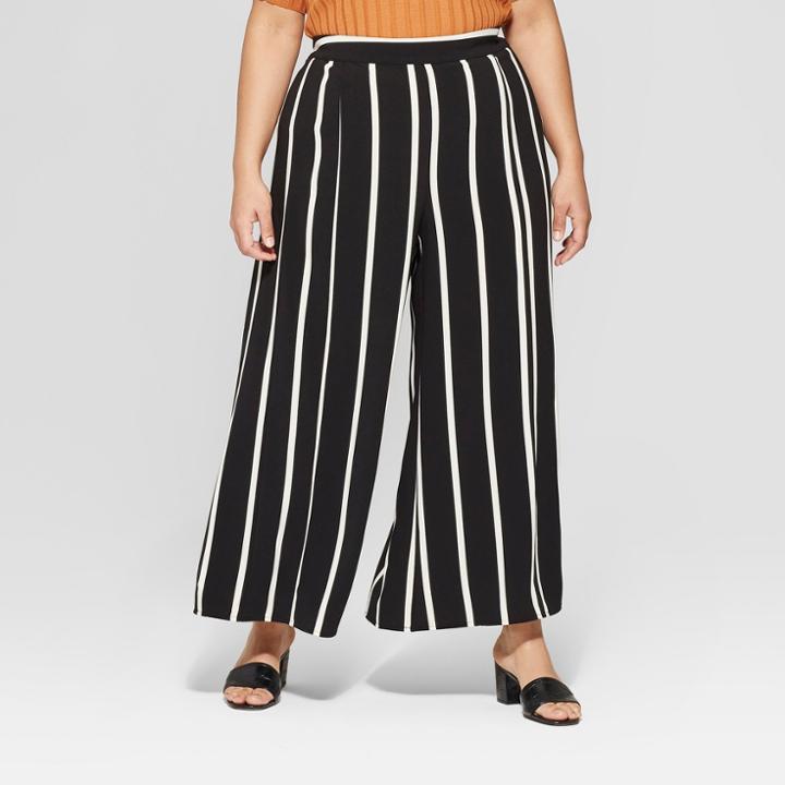 Women's Plus Size Mid-rise Striped Wide Leg Palazzo Pants - Who What Wear Black/white