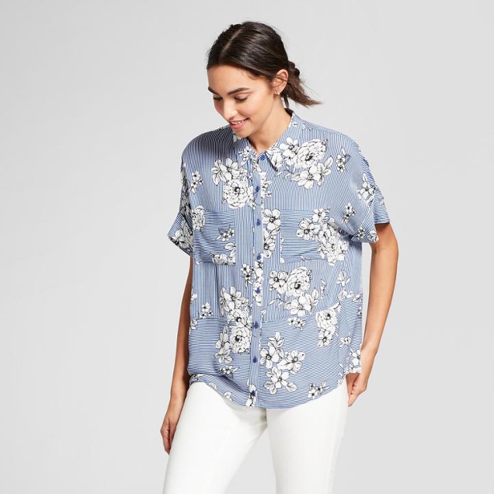 Women's Floral Print Short Dolman Sleeve Button-up Shirt- Eclair Blue