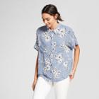 Women's Floral Print Short Dolman Sleeve Button-up Shirt- Eclair Blue