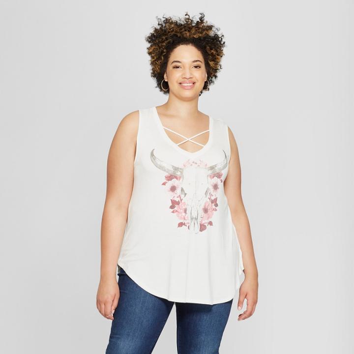 Women's Plus Size Floral Skull Criss Cross Graphic Tank Top - Zoe+liv (juniors') Ivory
