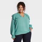 Women's Plus Size Long Sleeve Romantic Ruffle Blouse - A New Day Teal