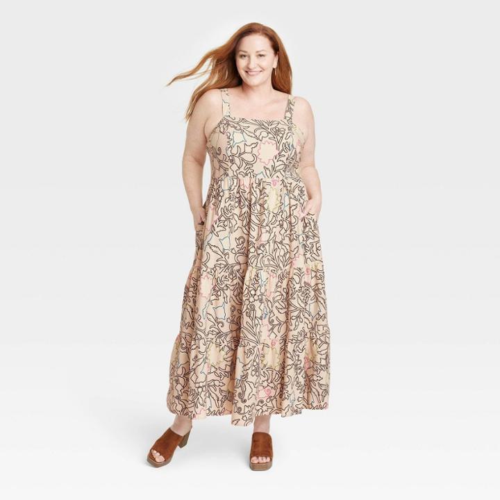 Women's Plus Size Sleeveless A-line Dress - Knox Rose Tan Floral
