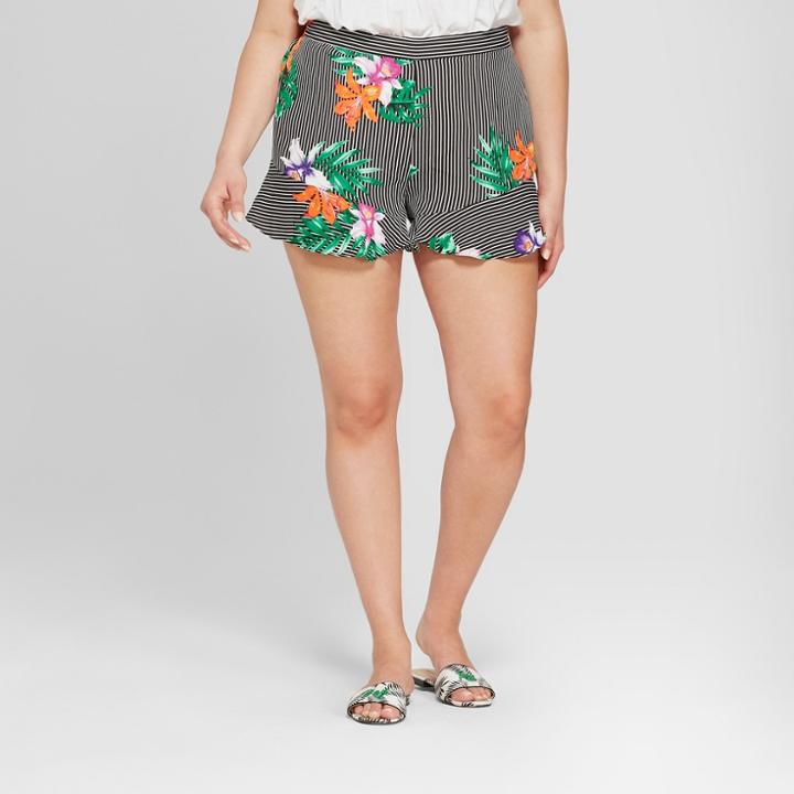 Women's Plus Size Striped Floral Print Ruffle Hem Shorts - Who What Wear Black/white 24w, Black/white