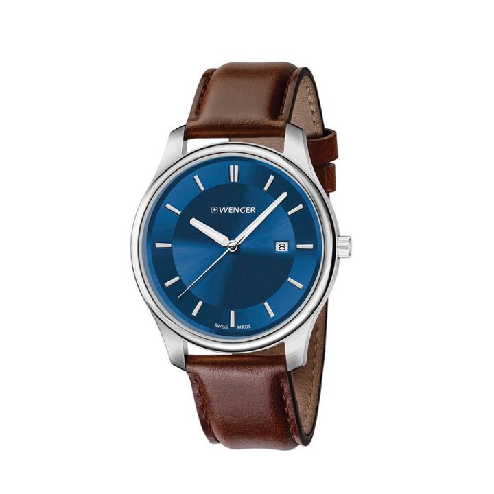 Men's Wenger City Classic - Swiss Made - Blue Dial Leather Strap Watch - Brown