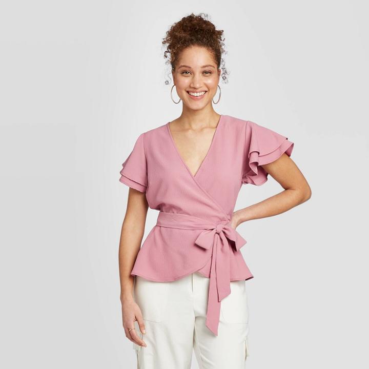 Women's Ruffle Short Sleeve Wrap Top - A New Day Purple