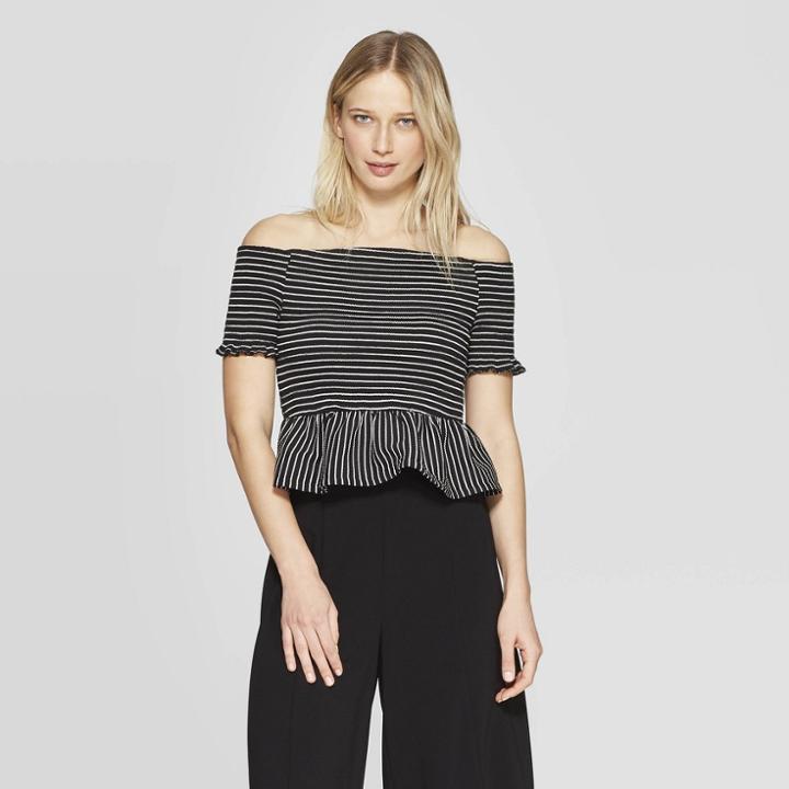 Women's Striped Short Ruffle Sleeve Off The Shoulder Peplum Top - Who What Wear Black