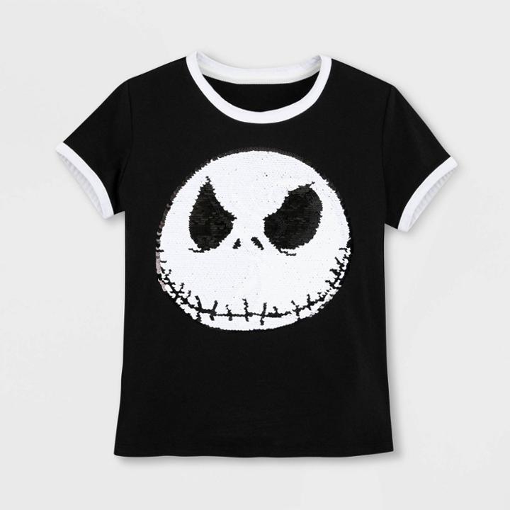 Girls' Disney The Nightmare Before Christmas Jack & Zero Flip Sequin Short Sleeve Graphic T-shirt - Black Xs - Disney