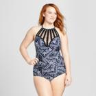 Costa Del Sol Women's Plus Size Crochet High Neck One Piece - Navy/white