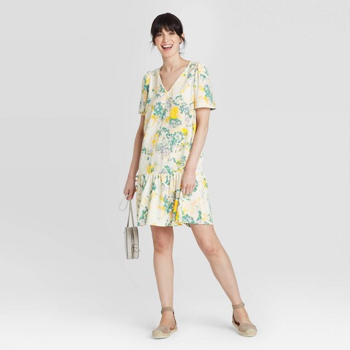 Women's Floral Print Short Sleeve Ruffle Hem Dress - A New Day Cream Xs, Women's, Ivory