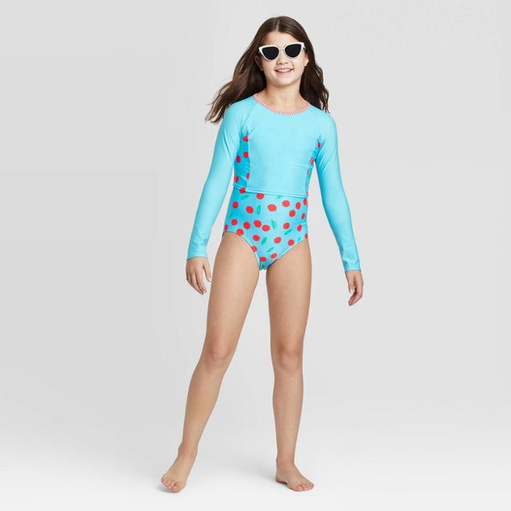 Girls' Cherry Pie Cropped Long Sleeve One Piece Swimsuit Set - Cat & Jack Aqua S, Girl's, Size: Small, Blue/red