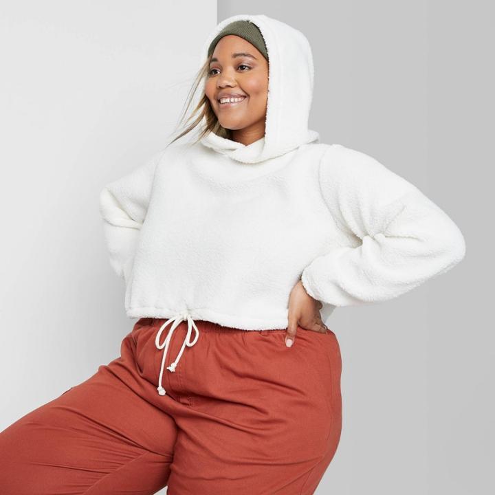 Women's Plus Size Long Sleeve Hooded Sherpa Sweatshirt - Wild Fable Ivory 1x, Women's,