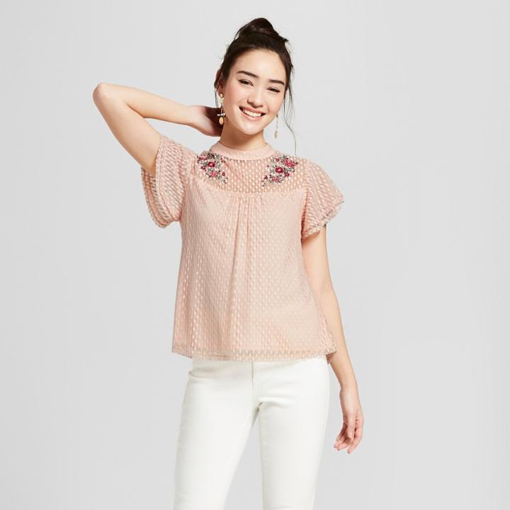 Women's Short Sleeve Mock Neck Embroidered Mesh Top - 3hearts (juniors') Rose